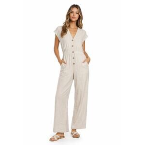 Love Tree Linen Viscose Blend Jumpsuit M Beige Button Front Wide Leg Pockets